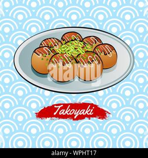 Satz von köstlichen und berühmten Essen aus dem Japanischen, Takoyaki, in bunten Farbverlauf Stilikone, Vektor, Abbildung Stock Vektor