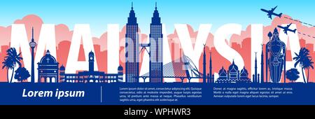 Süße und schöne Malaysia Wahrzeichen silhouette Stil, Text innerhalb, Vector Illustration, Nationalflagge Thema Farbe Stock Vektor