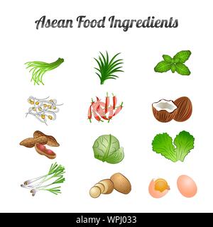 Asean Lebensmittelzutaten set Bundle für Gemüse und Fleisch im Farbverlauf cartoon Design, Vektor, Abbildung Stock Vektor