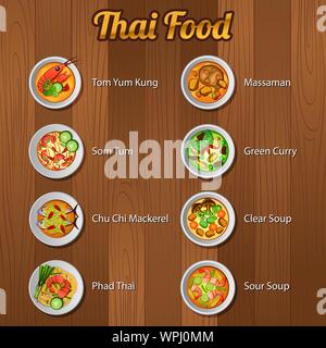 Thai lecker und berühmten Essen. mit Holz- Hintergrund, Vector Illustration Stock Vektor