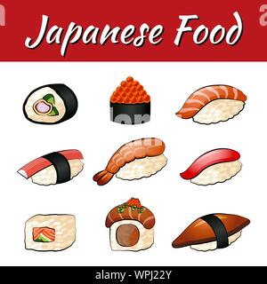 Satz von köstlichen und berühmten Essen von Japanisch, Sushi, in bunten Farbverlauf Stilikone, Vektor, Abbildung Stock Vektor
