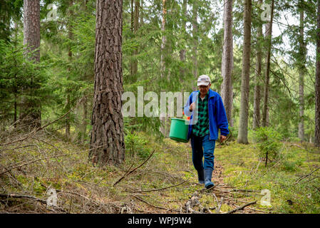 Ein Mann in navy-blau sweatshirt, Kappe und galoschen sammelt Pilze Stockfoto