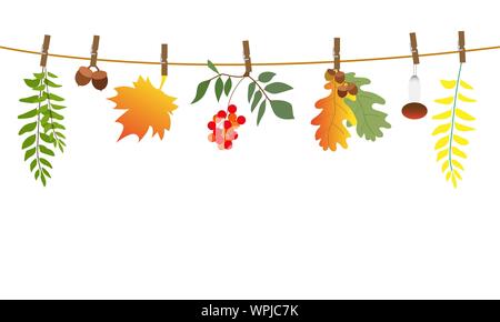 Anwendung der Blätter im Herbst, Pilze, eicheln an einem Seil aufgehängt. Vector Illustration Stock Vektor