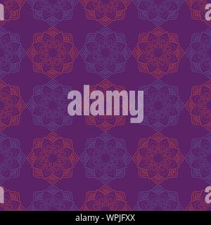 Orange und Blau Mandalas in geometrische Fläche wiederholte Muster auf Gesättigte violette Hintergrund Stock Vektor