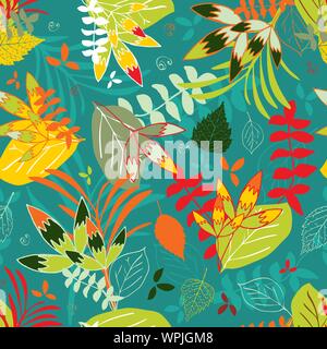 Bunte Hand gezeichneten Blätter in komplexen Vektor wiederholt Oberfläche Muster auf grünem Hintergrund Stock Vektor