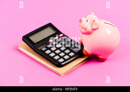 Gewinn berechnen. Sparschwein Pink Pig und Rechner. Wirtschaft und Finanzen. Kredit Konzept. Geld sparen. Sparen Sie bares Geld. Banking Konto. Geld Gehalt verdienen. Geld Budgetplanung. Finanzielle Wohlbefinden. Stockfoto