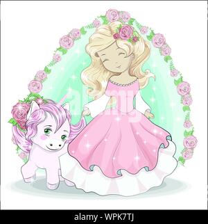 Schöne, charmante kleine Prinzessin, mit langen Haaren und in einem rosa Ball Kleid und Einhorn. . Können für den t-shirt Druck verwendet werden, Kinder tragen Fashion design, b Stock Vektor