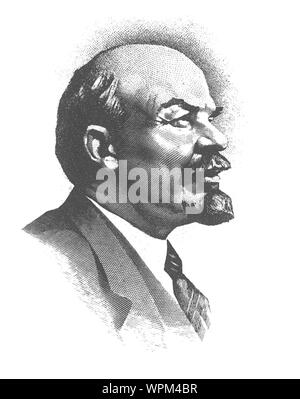 Portrait von W.I. Lenin die Hälfte Gesicht isoliert auf weißem, Tiefdruck von A. Pavlov aus dem Bild von S. Wassiljew. Postkarte 1984, UDSSR Stockfoto