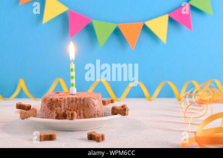 Happy Birthday Kuchen für Hund von Nassfutter und behandelt mit Kerze für Blue party Hintergrund Stockfoto