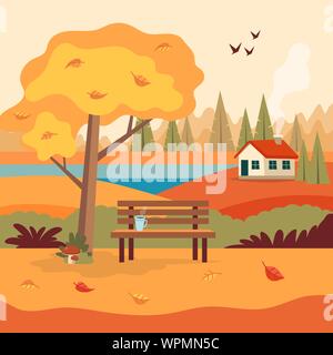 Herbst Landschaft ländliche Szene mit niedlichen Sitzbank, Kaffeetasse, gelb Baum, nettes Haus, gelbe Felder und Natur. Vector Illustration im flachen Stil Stock Vektor