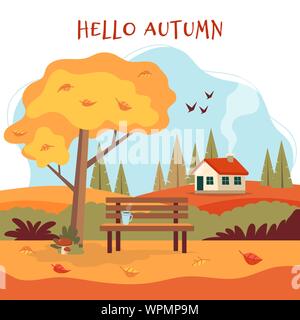 Herbst Landschaft mit niedlichen Sitzbank, Kaffeetasse, gelb Baum, nettes Haus, gelbe Felder und Natur. Cute-Schriftzug. Vector Illustration im flachen Stil Stock Vektor