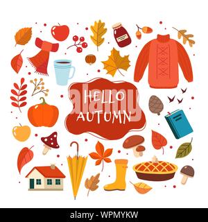 Herbst hand Elemente Sammlung mit Schriftzug gezogen. Cute Vector Illustration im flachen Stil Stock Vektor