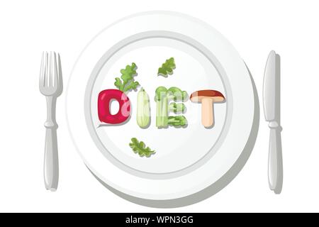 Diät Stil Cartoon Gemüse Design auf weißen Teller mit Messer und Gabel flach Vector Illustration auf weißem Hintergrund. Stock Vektor