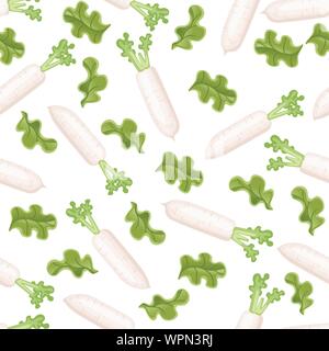 Daikon Rettich mit grünen Blättern und Kopfsalat nahtlose Muster flachbild Vector Illustration auf weißem Hintergrund. Stock Vektor