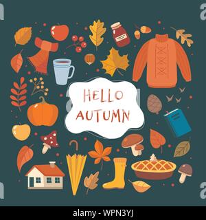 Herbst hand Elements Collection mit Schrift auf dunklem Hintergrund dargestellt. Cute Vector Illustration im flachen Stil Stock Vektor