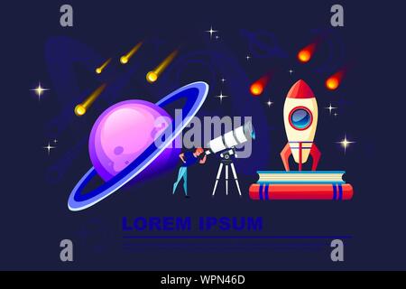 Mann durch einen weißen Teleskop mit Sternschnuppen am nächtlichen Himmel Hintergrund flachbild Vektor-illustration planetarium Design horizontale Banner suchen. Stock Vektor