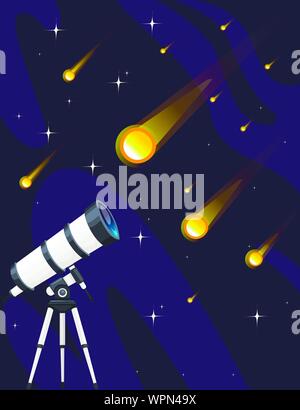 Weiß Teleskop und Sternschnuppen am nächtlichen Himmel Hintergrund flachbild Vektor-illustration sternenregen Design vertikale Banner. Stock Vektor