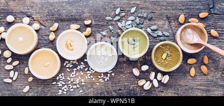 Nüsse und Samen Butter mit den Zutaten. Hausgemachte organischen Erdnuss-, Mandel-, hazlenut, Cashew, Pistazie, Macadamianüsse einfügen und Sonnenblumenkerne und pumpk Stockfoto