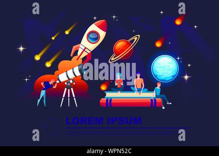 Mann durch einen weißen Teleskop mit Sternschnuppen am nächtlichen Himmel Hintergrund flachbild Vektor-illustration planetarium Design horizontale Banner suchen. Stock Vektor