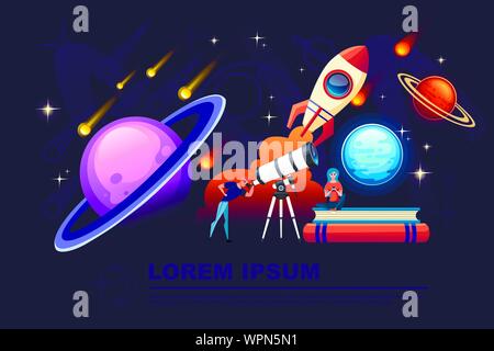 Mann durch einen weißen Teleskop mit Sternschnuppen am nächtlichen Himmel Hintergrund flachbild Vektor-illustration planetarium Design horizontale Banner suchen. Stock Vektor