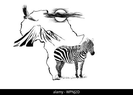 Zebra auf Afrika Karte Hintergrund mit Kilimanjaro Mountain, Geier und Sonne. Sammlung von Hand Illustrationen gezeichnet (Originale, keine tastung) Stockfoto