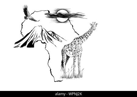 Giraffe auf Afrika Karte Hintergrund mit Kilimanjaro Mountain, Geier und Sonne. Sammlung von Hand Illustrationen gezeichnet (Originale, keine tastung) Stockfoto