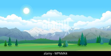 Berge und Wald Panorama, Himmel mit Wolken und Sterne, schöne Landschaft Stock Vektor