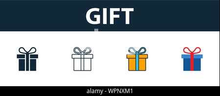 Geschenk Icon Set. Vier Elemente in verschiedenen Stilen aus Partei Symbol Symbole Sammlung. Kreative Geschenk Icons, Outline, Farben und Symbole Stock Vektor