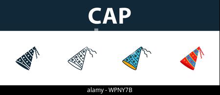 Cap Icon Set. Vier Elemente in verschiedenen Stilen aus Partei Symbol Symbole Sammlung. Kreative Kappe Icons, Outline, Farben und Symbole Stock Vektor