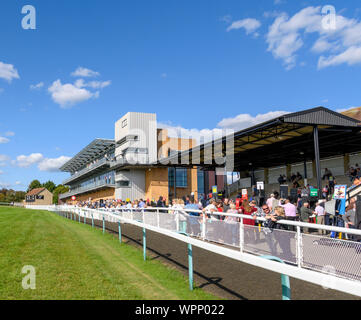 Blick auf die Tribünen mit Blick auf die Meerenge bei Fontwell Park Racecourse, Fontwell, in der Nähe von Arundel, West Sussex, England, Großbritannien Stockfoto