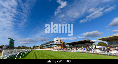 Blick auf die Tribünen mit Blick auf die Meerenge bei Fontwell Park Racecourse, Fontwell, in der Nähe von Arundel, West Sussex, England, Großbritannien Stockfoto