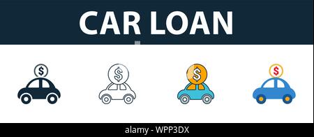 Autokredit Icon Set. Vier Elemente in verschiedenen Stilrichtungen von Personal Finance icons Collection. Kreative Autokredit Icons, Outline, farbige und flach Stock Vektor