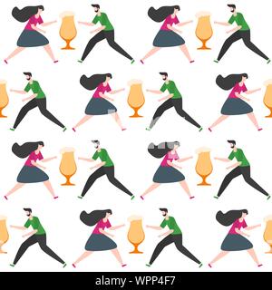 Festliche nahtlose Muster. Vector Illustration mit Menschen, Bier, Bier, Glas, Becher, Flaschen, Weizen. Bier party Konzept. Oktoberfest Oktoberfest. Stock Vektor