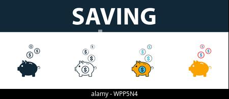 Speichern Icon Set. Vier Elemente in verschiedenen Stilrichtungen von Personal Finance icons Collection. Kreative speichern Icons, Outline, farbige und flach Stock Vektor