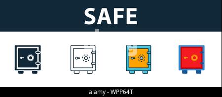 Sichere Icon Set. Vier Elemente in verschiedenen Stilrichtungen von Personal Finance icons Collection. Kreative sichere Icons, Outline, Farben und Symbole Stock Vektor