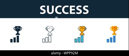 Erfolg Symbol gesetzt. Vier Elemente in verschiedenen Stilrichtungen von Projekt Management icons Collection. Kreative erfolge Icons, Outline, farbige und flach Stock Vektor