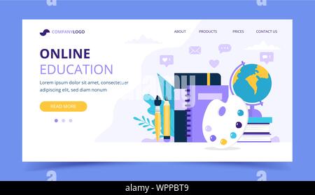 Online Bildung landing page mit unterschiedlichen Studium - Bücher, Notebook, Malerei Palette, weltweit. Vector Illustration im flachen Stil Stock Vektor
