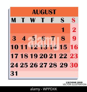Kalender design Monat August 2020. Jahr 2020 Kalender. Farbenfrohes Design für Kalender 2020. Kalender für Organisation und Business. Woche beginnt am Montag. Vector Illustration. Stock Vektor