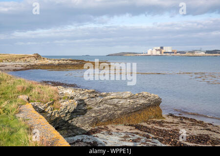 Cemlyn North Wales Wildlife Trust finden und Wylfa Kernkraftwerk, Cemaes Bay, Anglesey, North Wales, UK Stockfoto