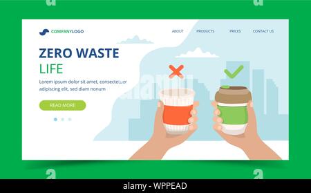 Null Abfall landing page mit wiederverwendbaren Kaffeetasse und Einweg Becher. Konzept Vector Illustration für nachhaltigen Lebensstil Stock Vektor