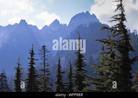 Stuhl Höhepunkt im dunstigen Licht Blick von entlang Snow Lake Trail in die alpinen Seen Wüste, Mt. Baker Snoqualmie National Forest, Washington St Stockfoto