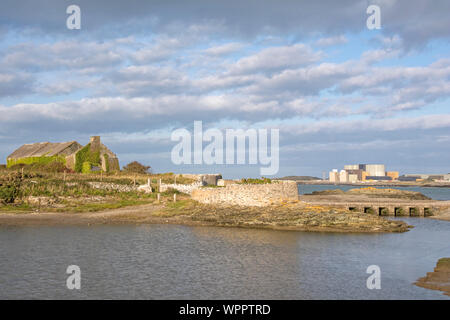 Cemlyn North Wales Wildlife Trust finden und Wylfa Kernkraftwerk, Cemaes Bay, Anglesey, North Wales, UK Stockfoto