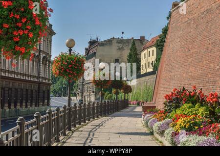 BIELSKO-BIALA, Polen - 1. SEPTEMBER 2019: Gehweg unter den schönen bunten Blumen in der Altstadt von Bielsko-Biala, Polen. Stockfoto