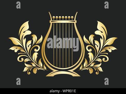 Lyra oder cither Goldenen Emblem. Musik Logo oder Symbol. Vector Illustration. Stock Vektor
