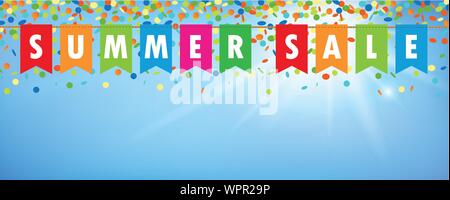 Summer Sale party Flaggen Banner mit Konfettiregen auf Blau sonnig Hintergrund Vektor-illustration EPS 10. Stock Vektor