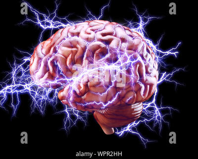 3D-Darstellung des menschlichen Gehirns mit Blitze isoliert, Brainstorming Konzept Stockfoto