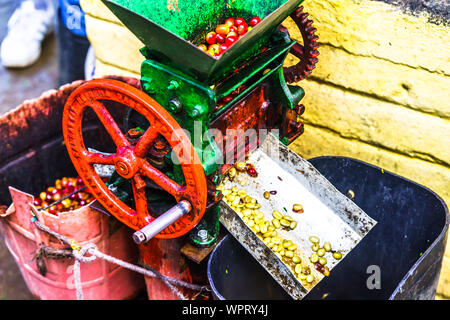 Blick auf traditionelle Kaffeemühle Maschine auf Kolumbianische Farm Stockfoto