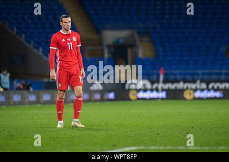 Cardiff, Großbritannien. 09 Sep, 2019. Cardiff - UK - 6. September: Wales v Belarus Freundschaftsspiel in Cardiff City Stadium. Gareth Bale von Wales in der zweiten Hälfte. Redaktionelle Verwendung nur Credit: Phil Rees/Alamy leben Nachrichten Stockfoto