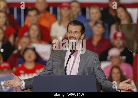 Fayetteville, North Carolina, USA. 9. Sep 2019. Donald Trump jr. spricht auf ein Amerika große Kundgebung in Fayetteville, North Carolina Halten am 9. September 2019. Foto von Nell Redmond/UPI Quelle: UPI/Alamy leben Nachrichten Stockfoto