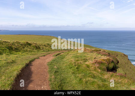 Eine Landschaft von Mawgan Porth aus der South West Coast Path, North Cornwall entlang der Atlantischen Küste in der Nähe von Newquay Stockfoto